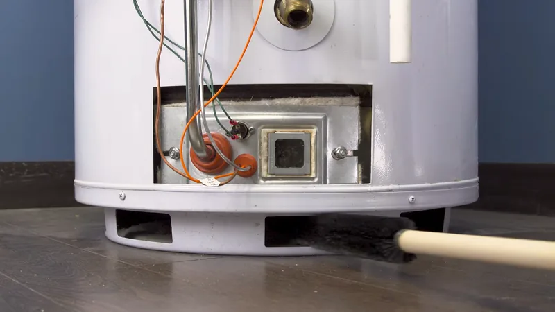 Technician cleaning the air intake and burner area of a gas water heater during water heater maintenance